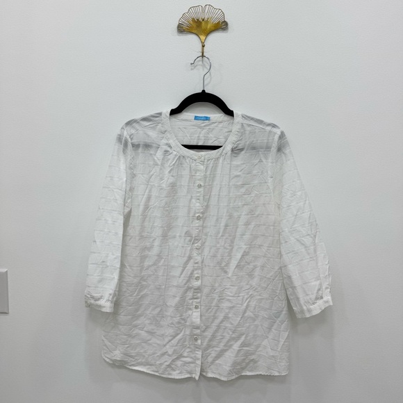 J. McLaughlin White Textured Button Cotton blend gorgeous lightweight Blouse SzL - Picture 2 of 5